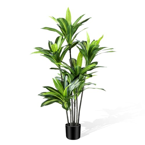 CyanGrove Dracaena Artificial Plant Indoor 4FT - Large Tropical Fake Tree with Lifelike Leaves...