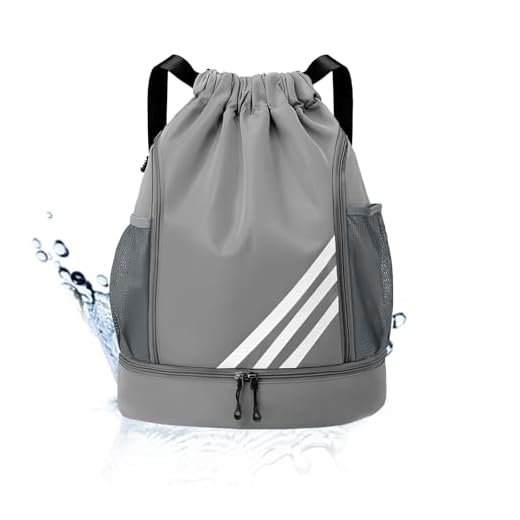 Mochila Esportiva com Cordão, Separação seca e húmida, Mochila de grande capacidade para viagens de lazer, Bolsos Laterais em Malha, Preto com Listras (Cinzento)