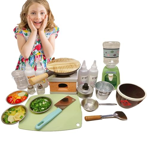 Mini juego de juguetes de cocina, juego de rol, utensilios de cocina genuinos para niños | Mini placa de cocina, herramientas para cocinar con alimentos reales y botellas de especias, para transmisión