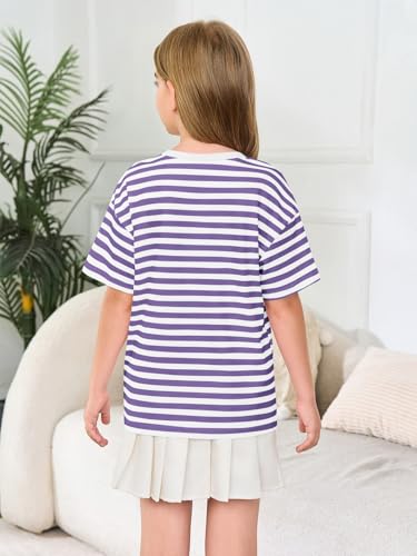 Image of Haloumoning Girls Striped Short Sleeve T Shirts Kids Summer Oversized Tops Casual Crewneck Tees 5-14 Years