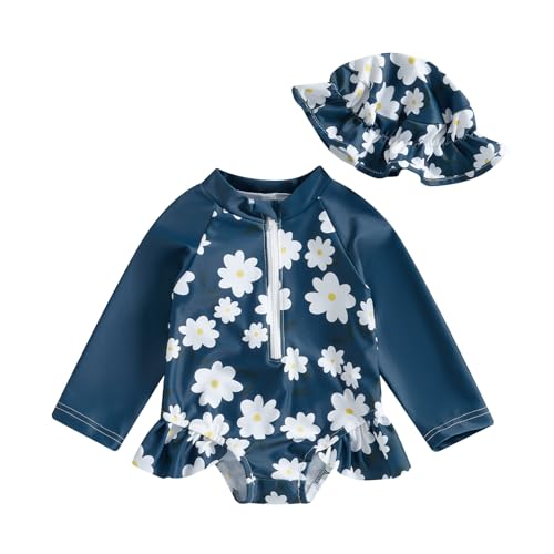 Carolilly Traje de baño Anti-UV Bebé Niña Masajes Largos Traje de baño Piscina de una pieza con volantes Swimwear Impreso con Sombrero, Azul marino floreciente, 9-12 Meses