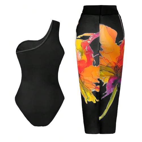 Women’s One Shoulder One Piece Swimsuit with Tummy Control and Vintage Floral Print, with Sarong Wrap Skirt2