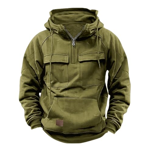Men's Tactical Quarter Zip Hoodie Comfort Fit Long Sleeve Sweatshirt Casual Cargo Pullover with Multi Pocket