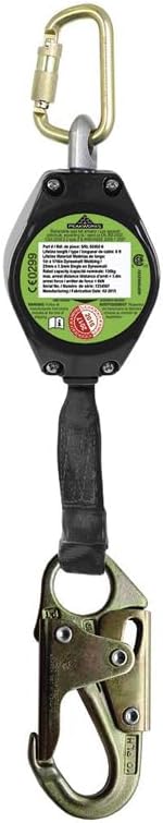 Peakworks Fall Protection Self Retracting Lifeline (SRL) with Webbing, Snap Hook, 6 ft. Length, Black/Green, V845822006LE