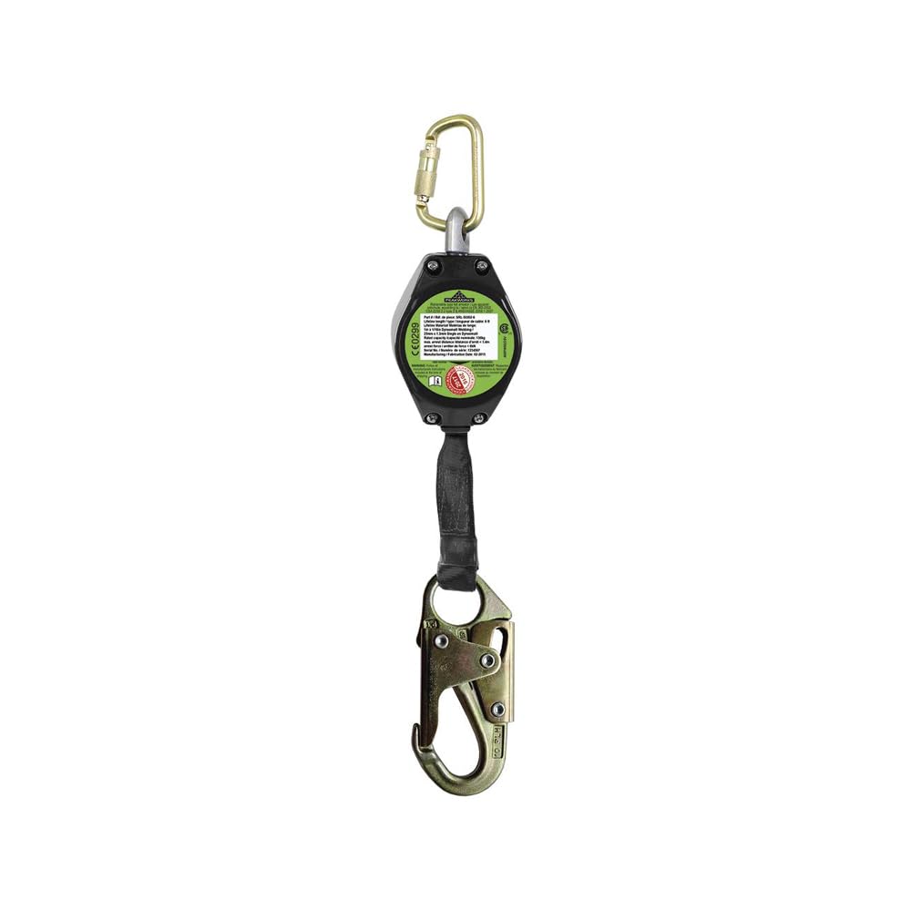 Peakworks Fall Protection Self Retracting Lifeline (SRL) with Webbing, Snap Hook, 6 ft. Length, Black/Green, V845822006LE