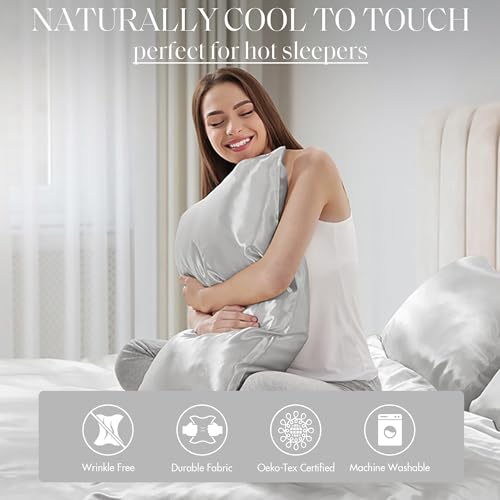 Image of Madison Park Essentials Set of 2 Satin Pillowcase for Hair & Skin, Luxuriously Soft, Silky with Natural Sheen Luster, Cool to Touch, Wrinkle-Free, Machine Washable, King Light Grey 2 Piece | Pillowcase Cover for Hair & Skin, Luxuriously Soft, Natural Sheen Luster, Cool to Touch, Wrinkle-Free, Machine Washable