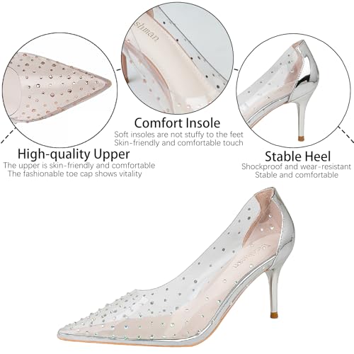 Women's Rhinestones Clear Leather Stiletto Pumps Fashion Comfort Closed Pointed Toe Slip On High Heels Sandals for Party Prom Date Dress Shoes3