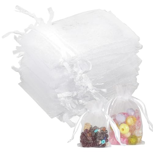 Sachets Blanc 8x10CM, 100 Pièces Sacs Organza, Pochette Bijoux, Sac Cadeau, Pour Fête De Anniversaire Coquillage Bonbons Chocolat Maille Pochettes