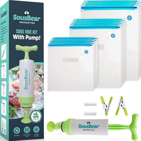 Sous Vide Bags with Pump, 15 Bags pt, qt, gal Reusable Vacuum Seal Bags for Food, 2 Clips, Commercial Grade, Heavy Duty, BPA Free, Great for vac storage and sous vide cooking Cover