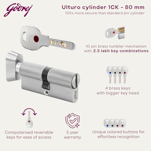 Image of Godrej Cylinder | Europrofile Ultra XL+ | 1CK 80mm | Satin Steel Finish | Door Thickness Upto 50mm | 4 Keys