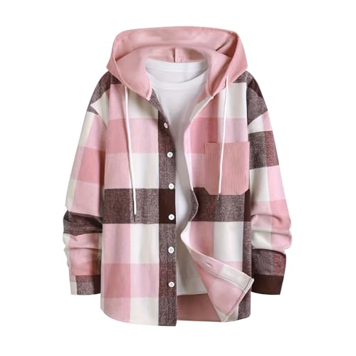 Flannel Hoodie for Men Long Sleeve Casual Button Down Plaid Shirt Lightweight Drawstring Regular Fit Pocket Shirt Jacket