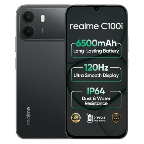 realme C100i 4G Smartphone 4+64GB Black | 6500mAh Battery, 6.8 inch Screen, 120Hz Display, 8+5MP AI Camera, Unisoc T7250 Chip, IP64