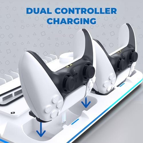 Image of EvoFox Frostdock 5 PS5 Cooling Dock with Dual Controller Charging Station, 3 Speed Fan up to 3900 RPM, 14 Disc Storage, 19 Mode RGB Lighting, USB Port, Vertical Stand for PS5 Digital Disc Slim & Pro