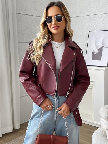 LY VAREY LIN Women Faux Leather Cropped Jacket Vegan Motor Biker Coat with Belt3