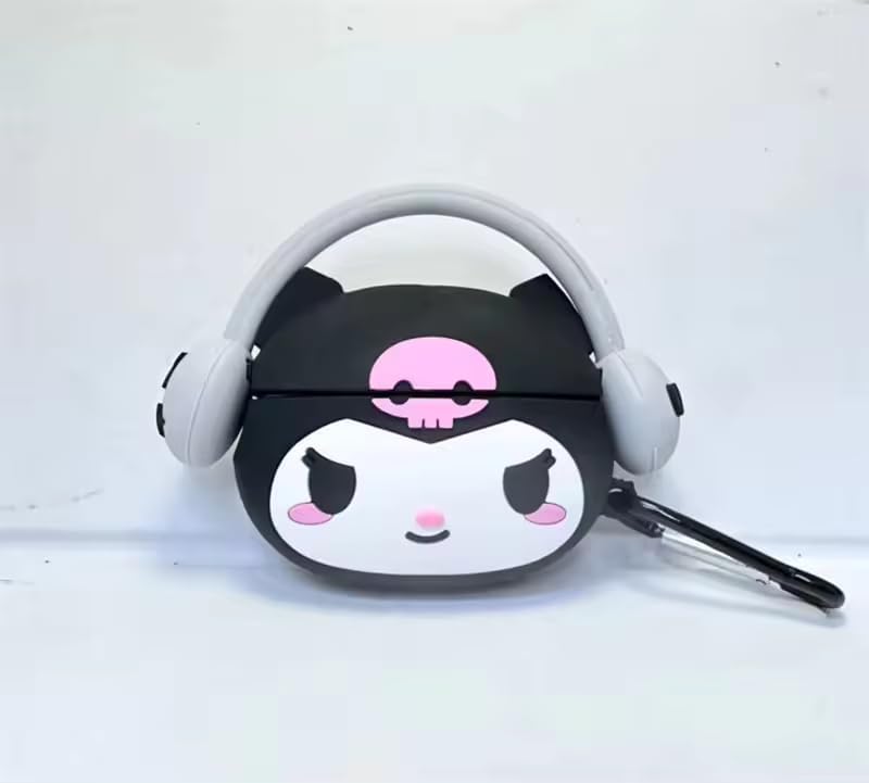 Image of Meyaar Earphone Case Cover Compatible for Realme Buds T300, Soft Silicone Skin Case Cover Shock-Absorbing Protective Case with Keychain (Front LED Visible) (Black Kitty with Grey Band)