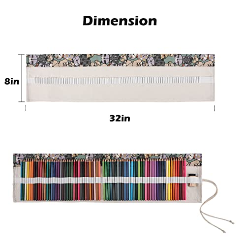 Image of Surblue Canvas Pencil Case Pencil Roll Wrap with 72 Slots Coloring Pencil Holder Organizer Paint Brush Storage Pouch Portable for Artist, Writer (Blue Cat