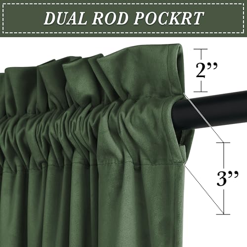 Image of RYB HOME Army Green Velvet Curtains 96 inches for Living Room Bedroom | Thermal Insulated, Privacy, Sunlight UV Heat Blocking, Luxurious Decor, Dining Room Nursery, Rod Pocket, W52 x L96, 2 Panels