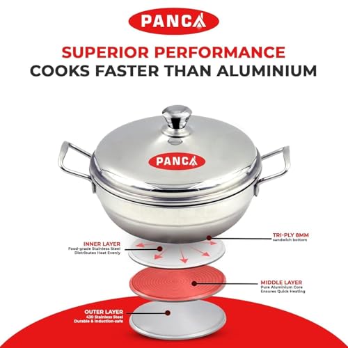 Image of PANCA Stainless Steel Multi Purpose Kadai with Steel Lid, Idli Maker 2 Idli Plate 8 Cavity Idli Cooker Stainless Steel Idly Pot with Steamer (2 Plate 8 Cavity)