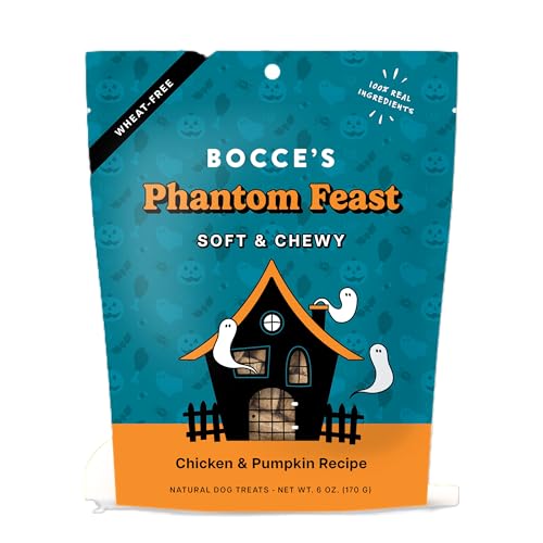 Bocces Bakery Phantom Feast Natural Soft & Chewy Halloween Dog Treats - Wheat-Free Everyday Cookies for Dogs Made with Real Ingredients & Baked in The USA - Chicken & Pumpkin Flavored (6 oz Bag)
