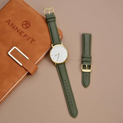 Image of ANNEFIT Watch Band 14mm, Quick Release Textured Padded Leather Straps with Gold Buckle for Men and Women (Army Green)