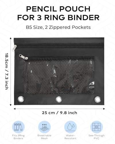 Image of 3 Ring Pencil Pouch for Binder, 2-Pocket Zipper Pencil Case with Clear Window & Mesh Pocket, Heavy Duty 600D Oxford Fabric Binder Pouch for School Office Supplies (Jet Black)