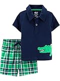 Carter's Infant Boys Baby Outfit Blue Gator Polo Shirt & Plaid Shorts Set 0-3m