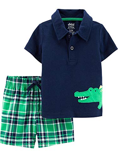 Carter's Infant Boys Baby Outfit Blue Gator Polo Shirt & Plaid Shorts Set 0-3M #TOP23
