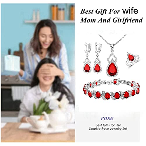 Lmxxvj Created Red Ruby July Birthstone Jewelry Set, Silver Tone Earrings Pendant Necklace Tennis Bracelet Ring Set Birthday Wedding, Bright Gift For Friends Lovers #TOP3