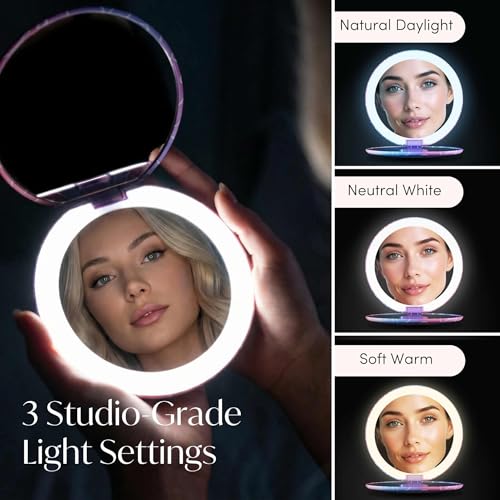 Image of Fancii Taylor LED Lighted Travel Makeup Mirror, Rechargeable, 10x /1x Magnifying, Tru-Glow Lighting System, XL Large 5 inch Wide | Compact Mirror for Purses (Lovestruck)