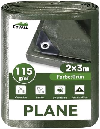COVALL Abdeckplane Grün 2x3 m, Wasserdicht 115g/m², Robust & verschleißfest | Wasserdicht, UV-beständig & reißfest – PE Plane für Camping, Garten, Fahrzeuge und Trampolin
