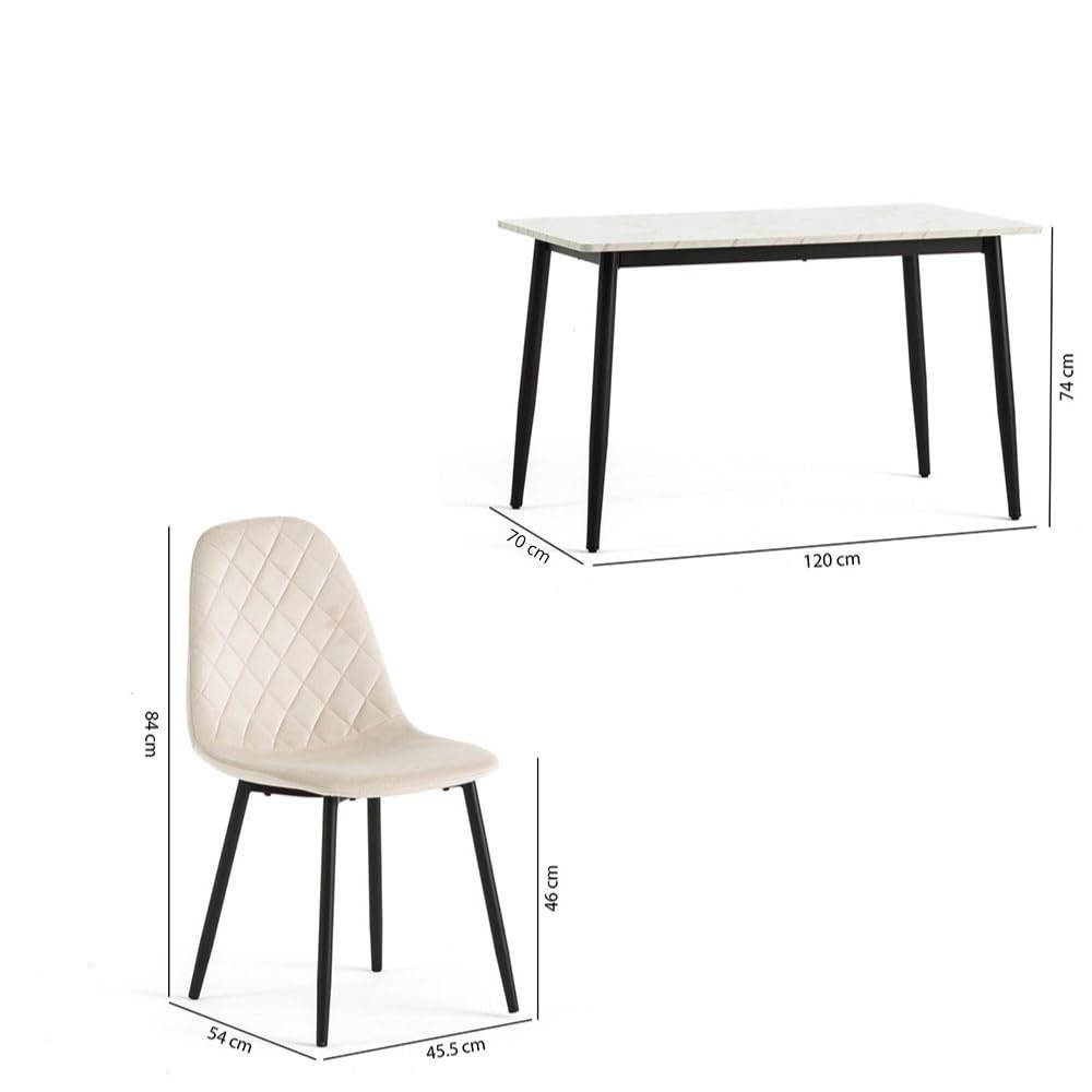Set tavolo da pranzo e 4 sedie da sala da pranzo imbottite in velluto trapuntato, Tavolo da cucina rettangolare 120x70cm con top effetto marmo e gambe in metallo - Vasco e Laura (Panna)