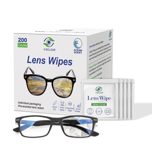 VisClear Toallitas para lentes, 200 unidades, perfumadas al océano, envueltas individualmente, prehumedecidas, toallitas limpiadoras de gafas, sin rayas y sin arañazos para lentes, lente de cámara