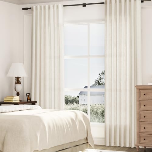 Boodii Cream Semi Sheer Textured Linen Curtains 84 Inches Length Long, 2 Panels Set For Bedroom Dining Living Room,Back Tab,Rod Pocket,Clip Rings Light Filtering Window Drapes,W52 X L84,Natural thumb #5