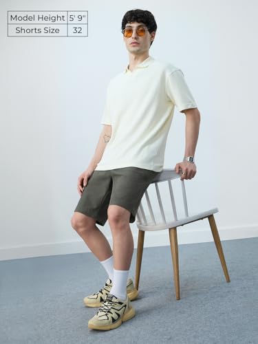Image of The Souled Store Chino Shorts: Men and Boys Buttoned Solid Regular Fit Knee Length Cotton Blend Chino Shorts