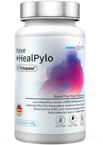 Pylopass contro l'Helicobacter pylori Lactobacillus Probiotic HealPylo®400mg al giorno -60 capsule -Per bruciori di stomaco, reflusso acido, disturbi gastrici -Prodotto in Germania