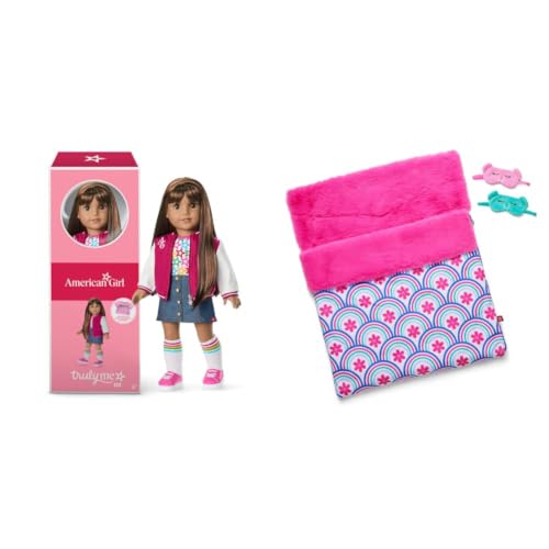 Image of American Girl Truly Me 18-inch Doll #122 with Brown Eyes, Straight Dark-Brown Hair, Tan Skin + Best Sleepover Ever! Sleeping Bag Set for Two, Ages 6+ Bundle