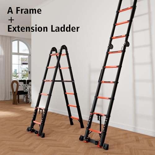 Image of SINMEIRUN 20.3 Feet A Frame Ladder, 10 Step, ANSI Certified, Aluminum Extension Ladder for Home, Roof, RV; Orange