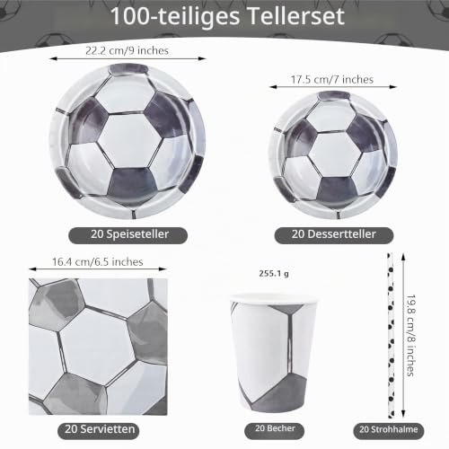 Aitsite 100 Stück Fußball Partygeschirr Set für 20 Gäste,Schwarzer und Weißer Fußball Partyteller Geburtstag Deko Geschirr… – Ansicht 2