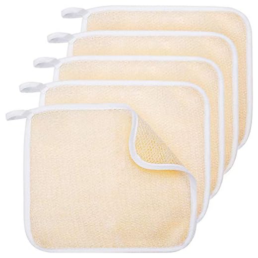 Tatuo 5 Pack Exfoliating Face and Body Wash Cloths Towel Soft Weave Bath Cloth Exfoliating Scrub Cloth Massage bath Cloth for Women and Man (5 Pack Two Sides Exfoliating Cloth) (Beige)
