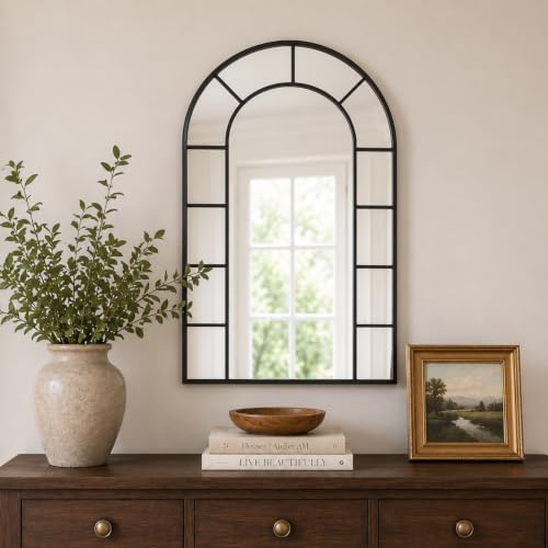 Image of Uniclinens Window Arched Wall Mirror Decor - Farmhouse Black Mirror for Wall Decor Living Room,Large Window Pane Mirror for Fireplace,Entryway,Hallway,Dining Room,Bedroom,36 inchX24 inch Metal Frame