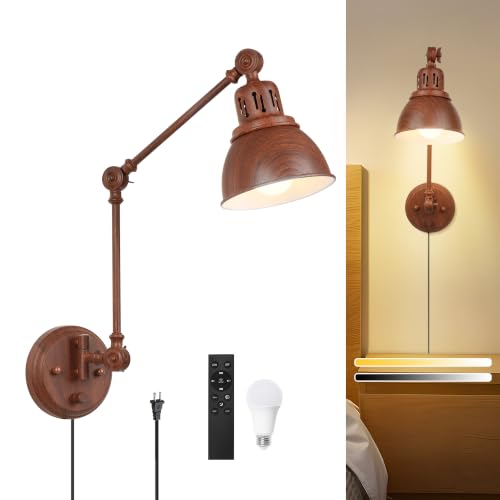 Image of GOODATE 1 Pack Plug in Wall Sconce with Remote, Dimmable, Adjustable Colors, Swing Arm Wall Lamp, Plug in Wall Light with Timer & Night Light (Walnut Finish, with Bulb+Remote)