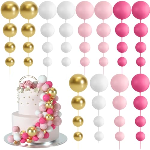 BOUBONI 48 Piezas Bolas Decoraciones para Pasteles Globos Adornos para Magdalenas Bolas de Espuma para Pasteles Decoraciones para Fiestas (A03-Rose Red, Pink, White, Gold)