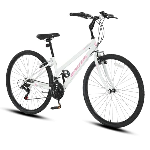 SPATIAL Hybrid Bike for Men & Women, 700C 21-Speed Commuter Bicycle, Steel Frame, 45C Wide Tires, V-Brake, 85% Pre-Assembled, with Kickstand & Bell, White
