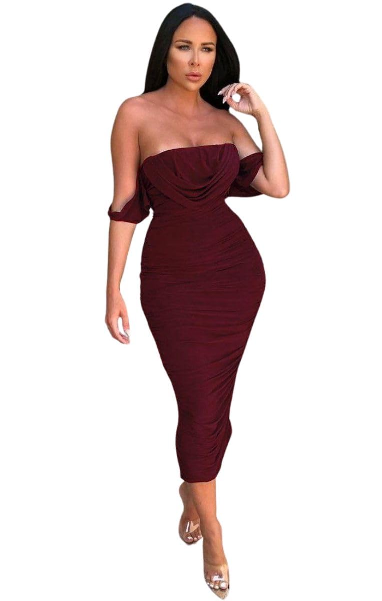 Femme Luxe Women's Wine Bardot Cowl Neck Ruched Midi Dress-Malia - 16