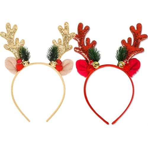 HUAIAN 2PCS Reindeer Antlers Headband, Sequined Christmas Hairband, Christmas Headbands For Women, Gold Glitter Deer Ears Hair Hoop, Festive Party Accessory Adds Holiday Cheer, gold&red