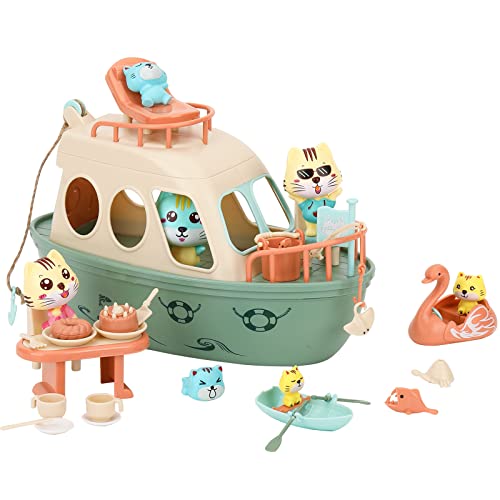 Tqqfun Cat Toys For Kids, Boat Toy Playset Toddler Pretend Play, Stem Gifts For 3 4 5 6 7 Year Old, Cat Adventures Fun& Educational Bathtub Pool Beach Toys For Boys And Girls With Cat Figures-31Pcs #TOP5