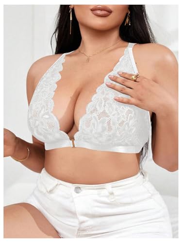 Image of MakeMeChic Women's Plus Size Lace Bralette Front Closure Bras Wireless Deep V Triangle Sexy Lace Bra