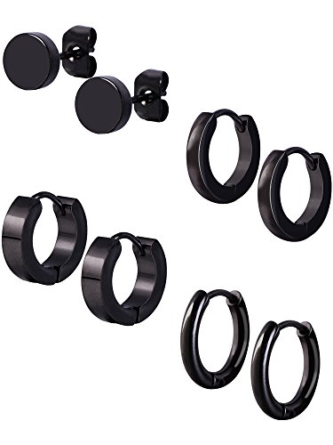 Mudder 4 Styles Stainless Steel Hoop Earrings Stud Earrings Huggie Piercing for Men and Women, 18 Gauge, 4 Pairs (Black)