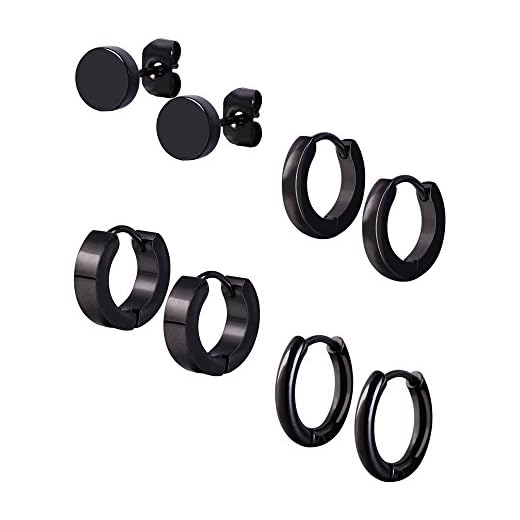 Mudder 4 Styles Stainless Steel Hoop Earrings Stud Earrings Huggie Piercing for Men and Women, 18 Gauge, 4 Pairs (Black)