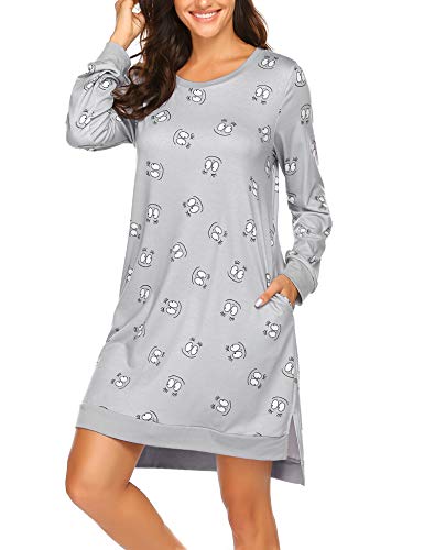 Hotouch Women's Nightgowns Long Sleeve Sleepwear Soft Round Neck Sleep Shirt Nightshirts Grey M